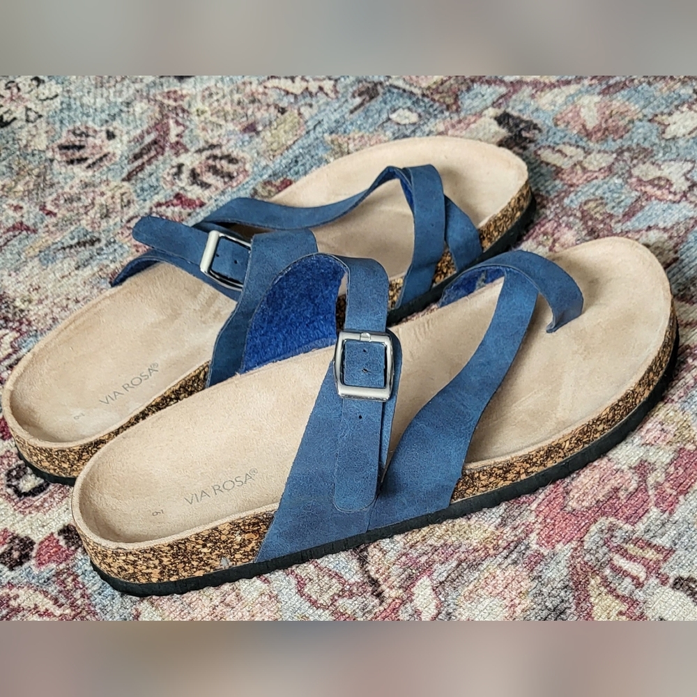 Via Rosa Blue Vegan Leather Toe Loop Corkbed Sandal Wmn size 9 Mayari Style